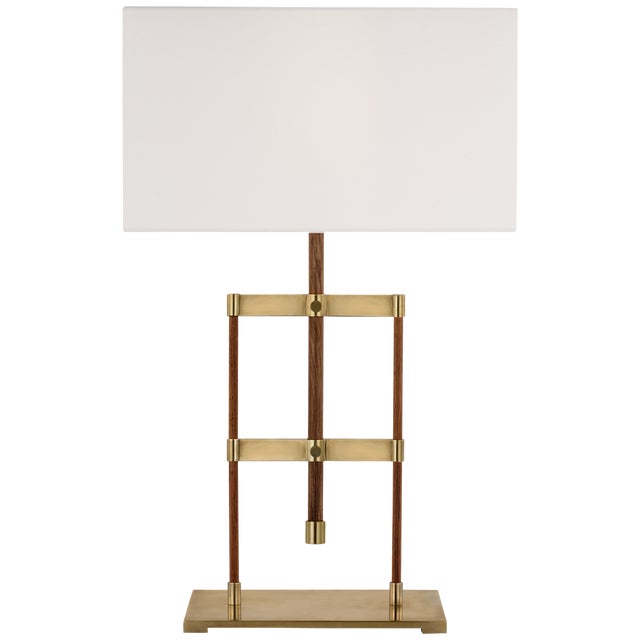 Transitional Ray Booth by Visual Comfort Signature Alda 25" Adjustable Table Lamp in Antique-Burnished Brass and Walnut with Linen Shade For Sale - Image 3 of 3