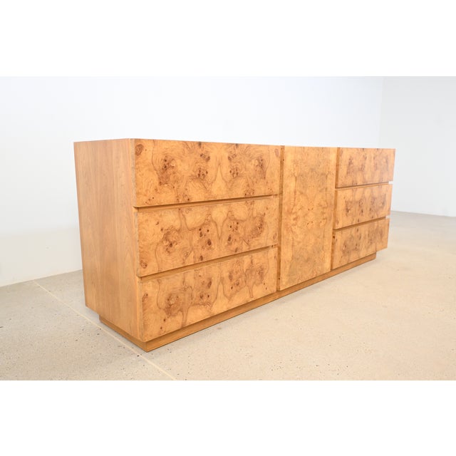 Professionally refinished Lane Furniture burl wood dresser in the iconic Milo Baughman style, featuring dramatic book-...