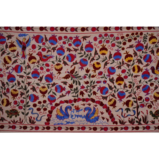 Handcrafted Uzbek Suzani Wall Tapestry – Folk Art Bird & Tree Design Decor 3'5'' X 6'1'' For Sale In New York - Image 6 of 11