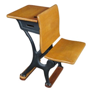 Antique American Solid Maple Classroom School Desk Cast Iron Flip-Up Chair Combo For Sale