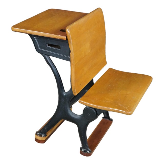 Antique American Solid Maple Classroom School Desk Cast Iron Flip-Up Chair Combo For Sale