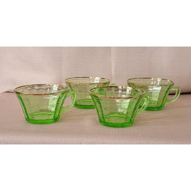 Metal Early 20th Century Uranium Glass 4 Transparent Green Tea Cups With Gold Rim For Sale - Image 7 of 16