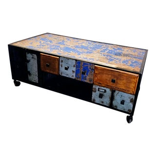 1960s Industrial / Folk Art Style Storage Cart / Coffee Table on Casters For Sale