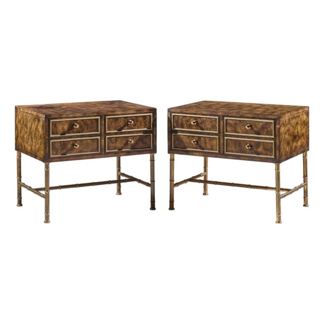 Mastercraft Mid Century Burlwood and Brass Nightstands - Pair For Sale