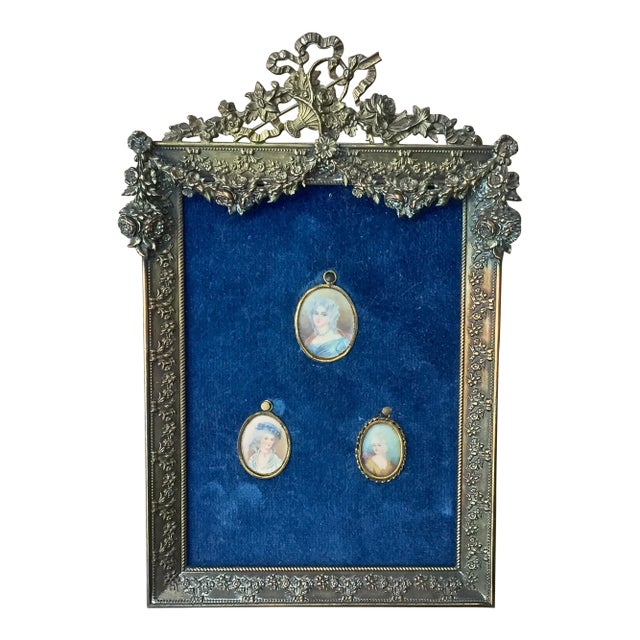 Antique Floral Brass Framed Porcelain Portraits For Sale