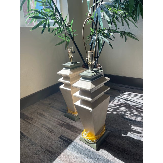 1980s 1980s Postmodern Tiered Geometric Plaster Table Lamps W/ Coolie Shades - a Pair For Sale - Image 5 of 12