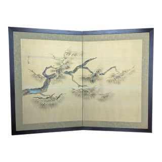 Vintage Japanese 2-Panel Tabletop Byōbu Screen, Gold Leaf & Pearl Inlay Pine — 1970s For Sale