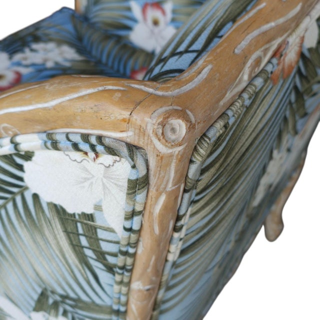 Wood Late 20th Century–Early 21st Century Branch-Form Carved Wood Bergère Armchair With Tropical Upholstery For Sale - Image 7 of 7