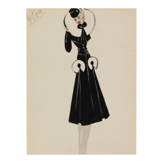 Vintage French Fashion Art Print – Black Coat With White Fur Collar, 18" X 24" For Sale