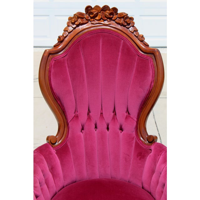 Burgundy Vintage Victorian Revival Mahogany His & Hers Parlor Chairs Red Velvet Pair For Sale - Image 8 of 18