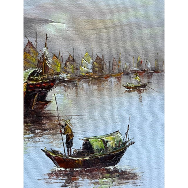 Vintage Asian Seascape Oil Chinese Junk Boats & Harbor Framed Original - Signed L Wong For Sale - Image 4 of 6