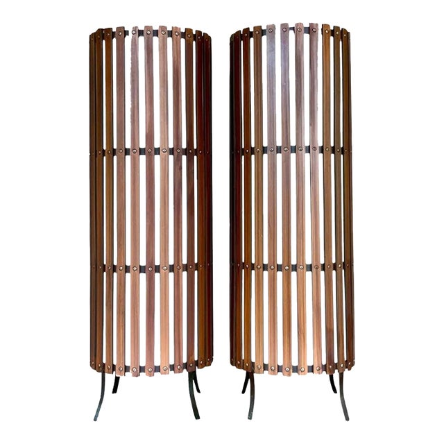 Vintage Mid-Century Modern Wood Slat Floor Lamps Pair For Sale