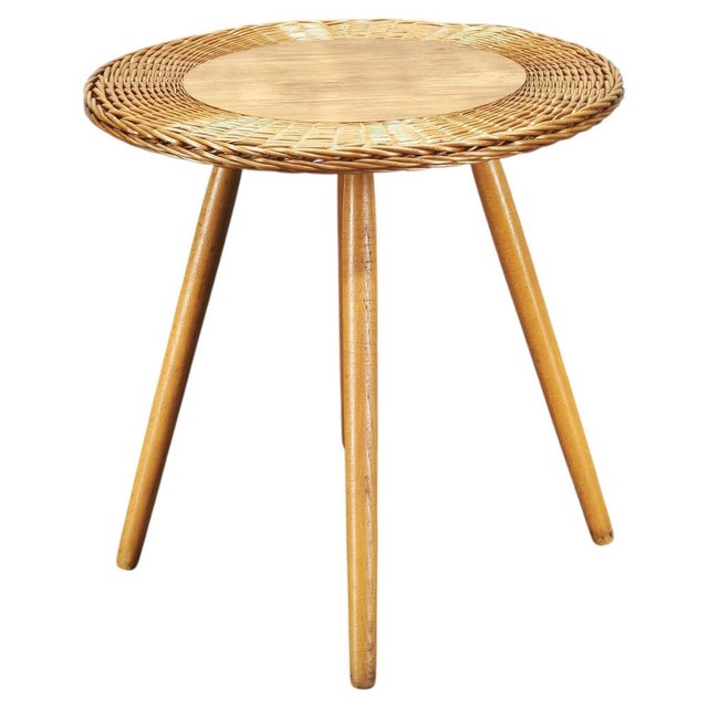 Rattan and Beech Side Table from Jan Kalous, Czechoslovakia, 1970s For Sale - Image 10 of 10