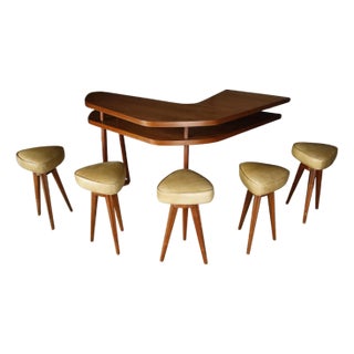 Sculptural Boomerang Bar and Sculpted Leg Barstools, Circa 1950s For Sale