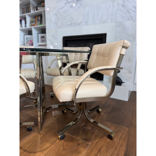 1980s Vintage Cal-Style Bronzed Chrome & Glass Dining Set With Rolling Armchairs — Set of 5 For Sale - Image 5 of 14