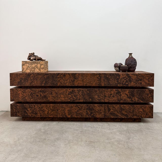 This Vintage Mid-Century Modern Burlwood Stacked Dresser features rich burlwood veneer in shades of light to dark brown...