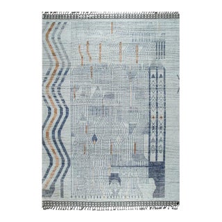 8x11 Ivory Hand-Knotted Wool Linear Maze Motif Tribal Modern Carpet Rug For Sale