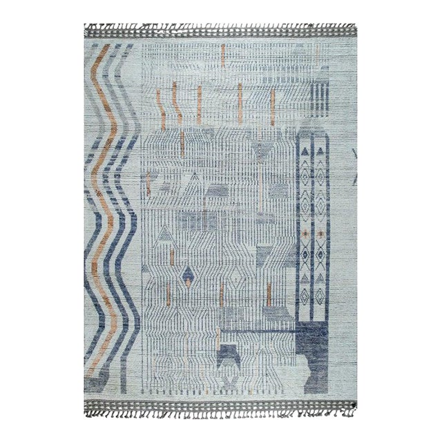 8x11 Ivory Hand-Knotted Wool Linear Maze Motif Tribal Modern Carpet Rug For Sale