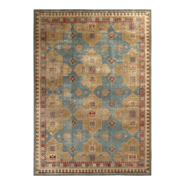 Rug & Kilim’s Oversized Distressed Christo Rug in Gold and Blue, 14x20 For Sale