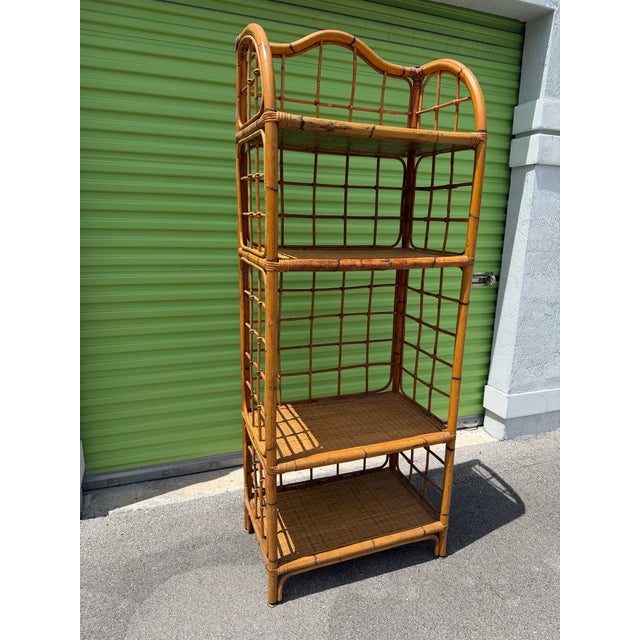 Vintage Rattan & Woven Cane Four-Tier Étagère Bookshelf For Sale - Image 4 of 7