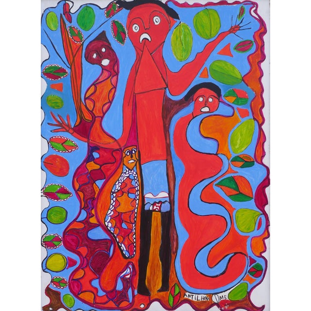 Richard Antilhomme Red & Blue Abstract Figurative Painting with Four Figures and Botanical Elements, Late 20th Century For Sale - Image 10 of 12