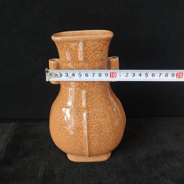 Chinese Ceramic Vase,Ge Ware Brown Crackle Glaze Porcelain Double Ears Vase For Sale - Image 10 of 10
