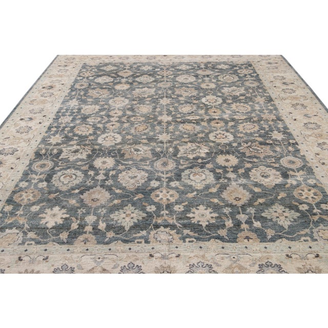 Beautiful contemporary Indian rug, hand-knotted wool, dark blue field, gray and ivory accents in an all-over Classic...