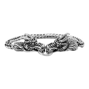 Men’s Vintage Double Dragon Head 925 Sterling Silver Wheat Link Bracelet