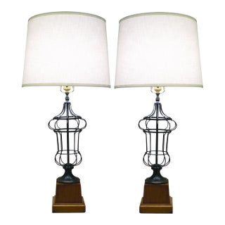 1930s French Empire Neoclassical Wire Urn Cage Brass Wood Table Lamps - a Pair For Sale