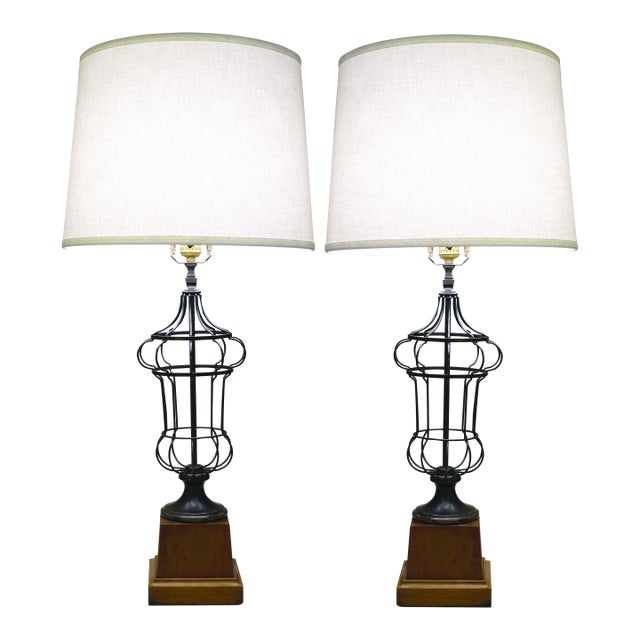 1930s French Empire Neoclassical Wire Urn Cage Brass Wood Table Lamps - a Pair For Sale