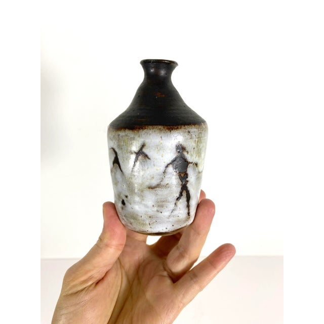Abstract Vintage Signed Studio Pottery Bud Vase With Hieroglyphics For Sale - Image 3 of 8