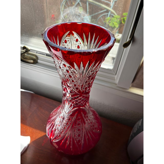 Beautiful Red and Clear Bohemian Crystal Vase For Sale - Image 6 of 8