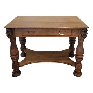 Antique American Oak Library Table With Carved Lion’s Heads, Late 19th–Early 20th Century For Sale