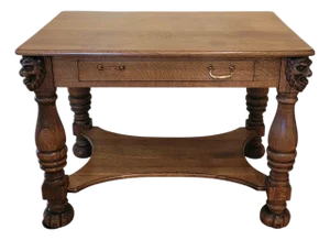 Antique American Oak Library Table With Carved Lion’s Heads, Late 19th–Early 20th Century