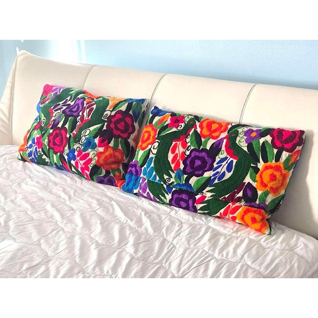 Vintage Multicolor Embroidered Otomi Tenango Hand-Stitched Pillows, a Pair For Sale In Miami - Image 6 of 13