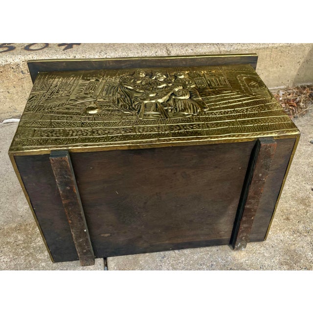 Mid 20th Century Pressed Embossed Brass Firewood Coal Kindling Box Fireside Tavern Scene For Sale - Image 10 of 12