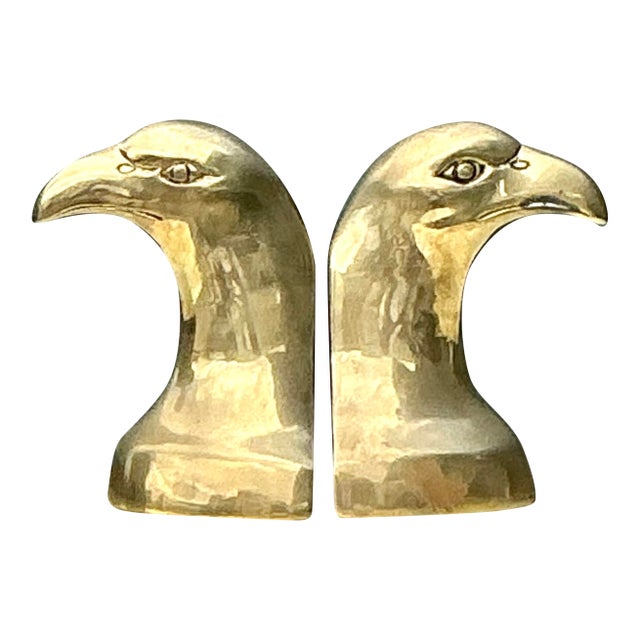 Vintage Polished Brass Eagle Head Bookends - A Pair For Sale