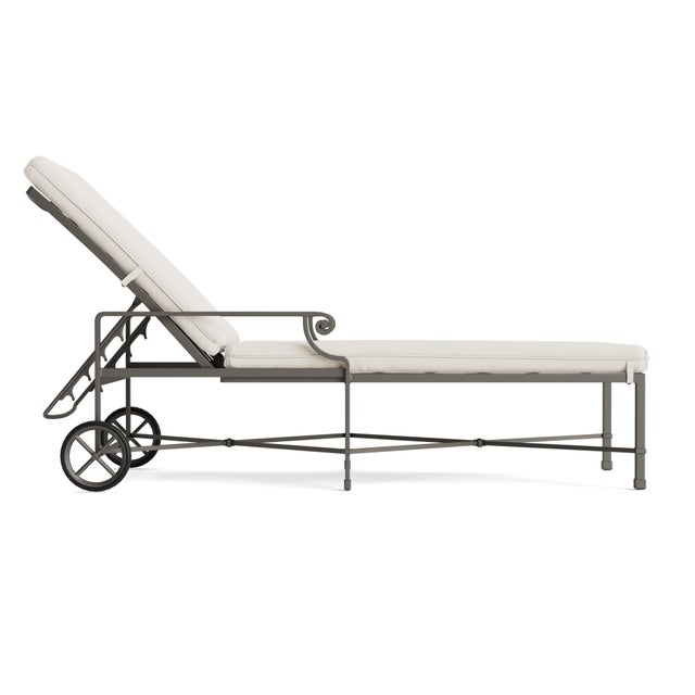 Contemporary Brown Jordan Venetian Adjustable Chaise With Wheels, Mica frame with Fusion Natural fabric For Sale - Image 3 of 11