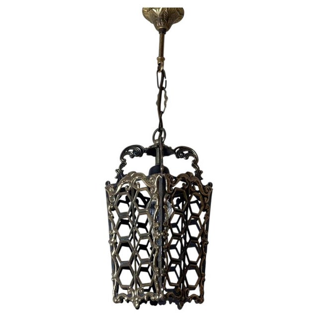 European Hollywood Regency Patinated Brass Openwork Lantern Pendant Light, 1970s For Sale - Image 17 of 17