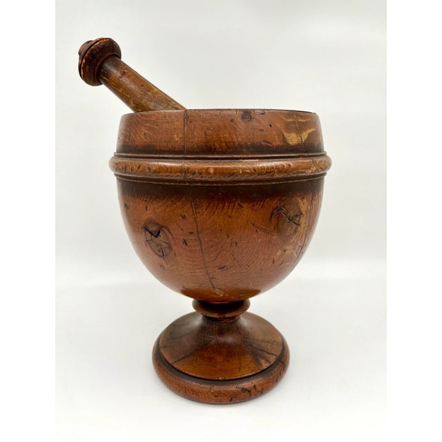 Early 19thC Tiger Oak and Copper Lined Jumbo Footed Primitive Industrial Apothecary Mortar and Pestle or Planter For Sale - Image 4 of 12