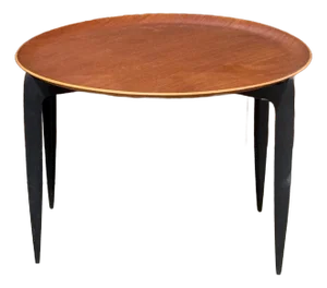 Danish Teak & Ebonized Circular Campaign Tray Table by Fritz Hansen