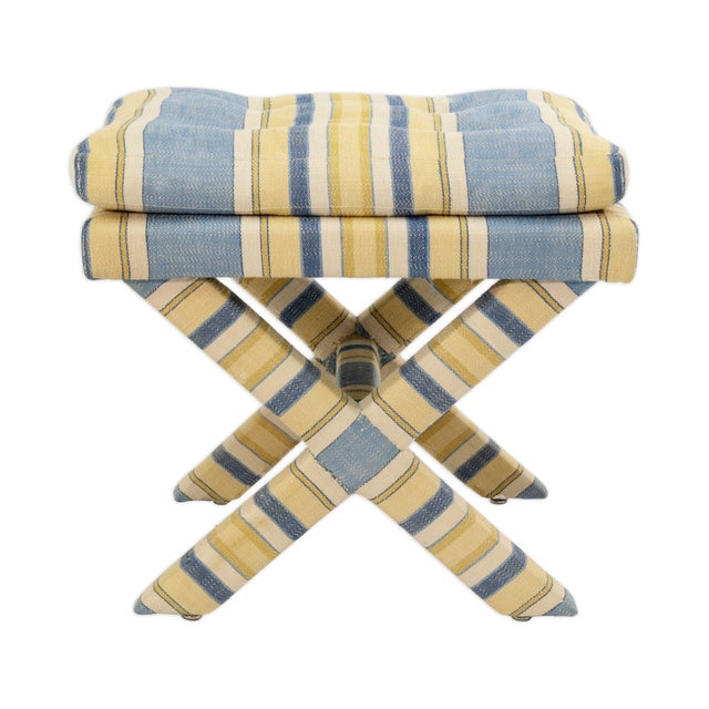 Mid-Century Modern Pair of Striped Billy Baldwin Style Cross Leg Ottomans For Sale - Image 3 of 8