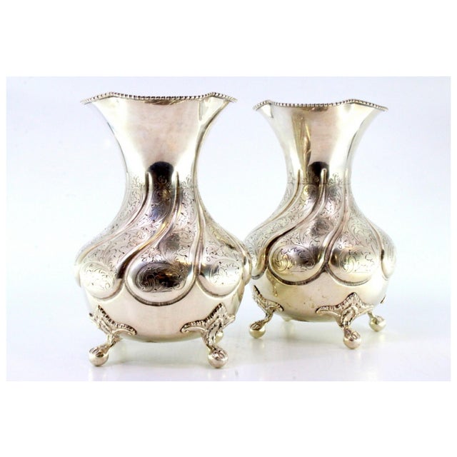 Silver Vases with Engraved Plant Elements, Frieze Edges, Palmettes and Claw-Shaped Feet, Set of 2 For Sale - Image 3 of 8