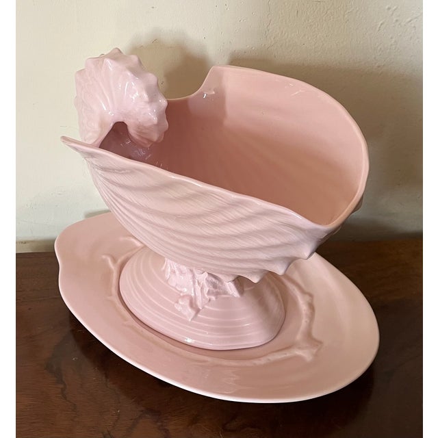 Late 20th Century Wedgwood Porcelain Centerpiece - Pink Nautilus Sea Shell Compote Tureen With Clam Shell Under Tray For Sale - Image 5 of 12