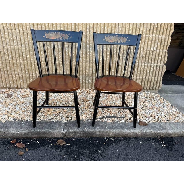 Pair of Maple and Black Stenciled Side Chairs by Heywood Walkerfield Solid wood frame, saddle seats, spindle back Sturdy...