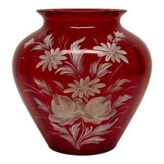 Floral Hand Painted Cranberry Ruby Red Glass Vase For Sale