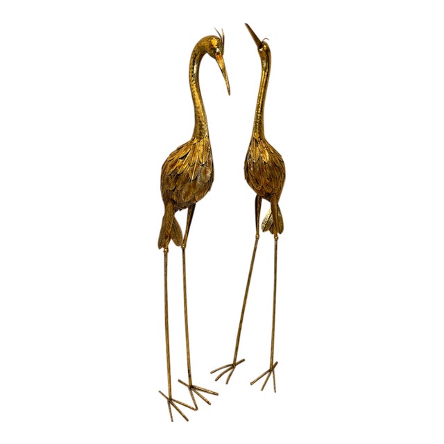 Vintage Mid-Century Style Cast Aluminum Gilt Crane Sculptures - A Pair For Sale