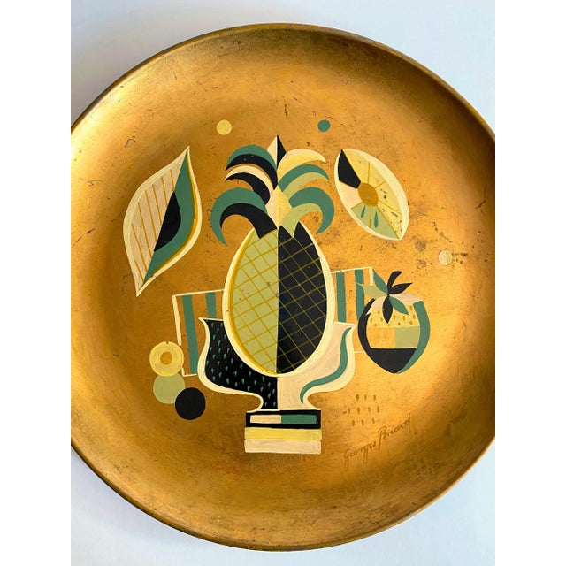 Mid-Century Modern Vintage 1960's Georges Briard Mid Century Modern Gold Leaf Hand Painted Extra Large Decorative Metal Tray For Sale - Image 3 of 13