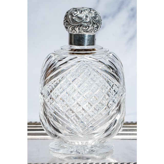 Traditional Stunning Edwardian Antique Cut Crystal Perfume Cologne Bottle Sterling Silver Lid Antique Luxury Home Vanity Dressing Table Décor For Sale - Image 3 of 16