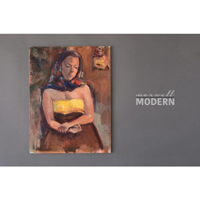 A beautiful contemporary expressionist painting of a woman with a head scarf and crossed arms. Her facial expression is...